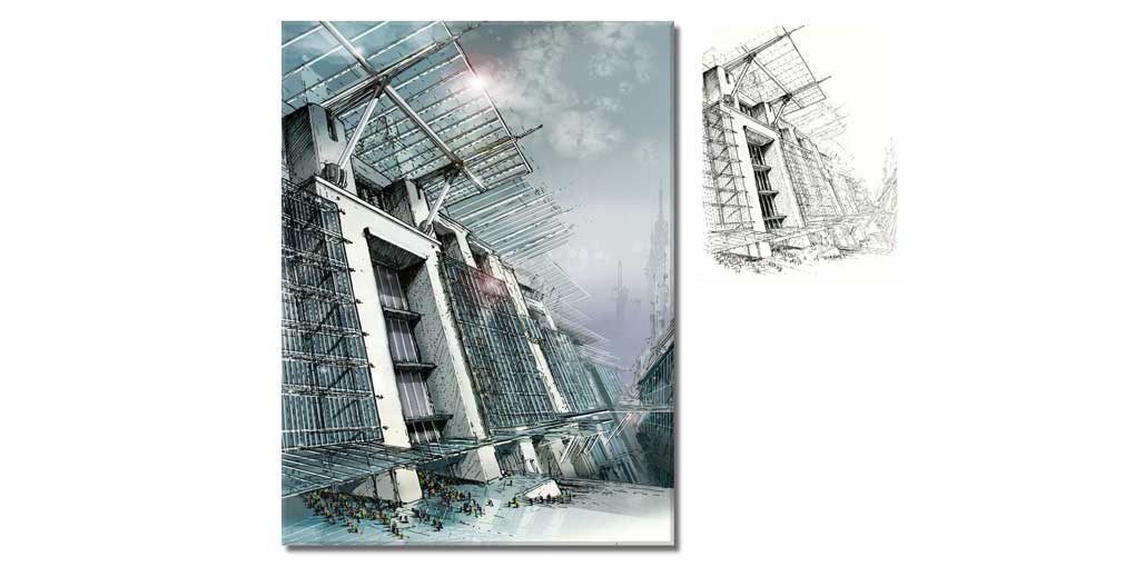 Architectural Pen and Ink Environmental Concept Sketch with Digital Rendering in Photoshop.